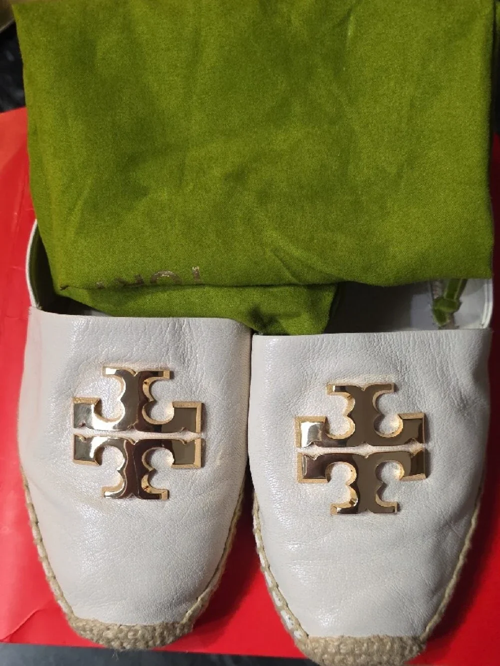 Tory Burch Cream Leather Espadrille Flats with Gold Emblem